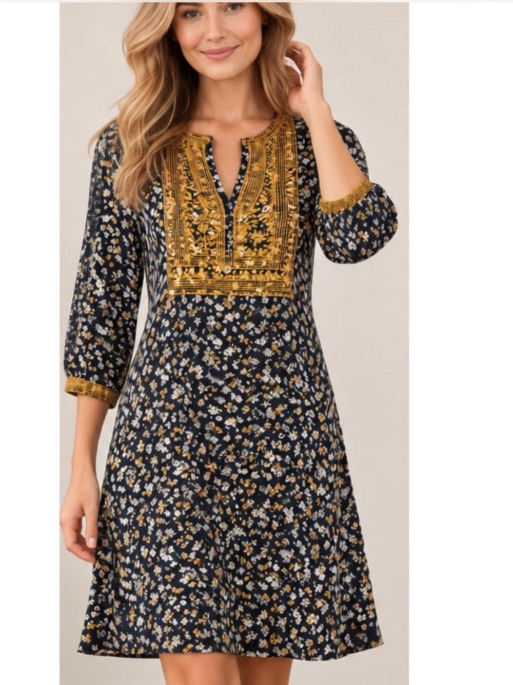 J. Jill Women’s XSmall Navy Floral Embroidered Boho Tunic Dress